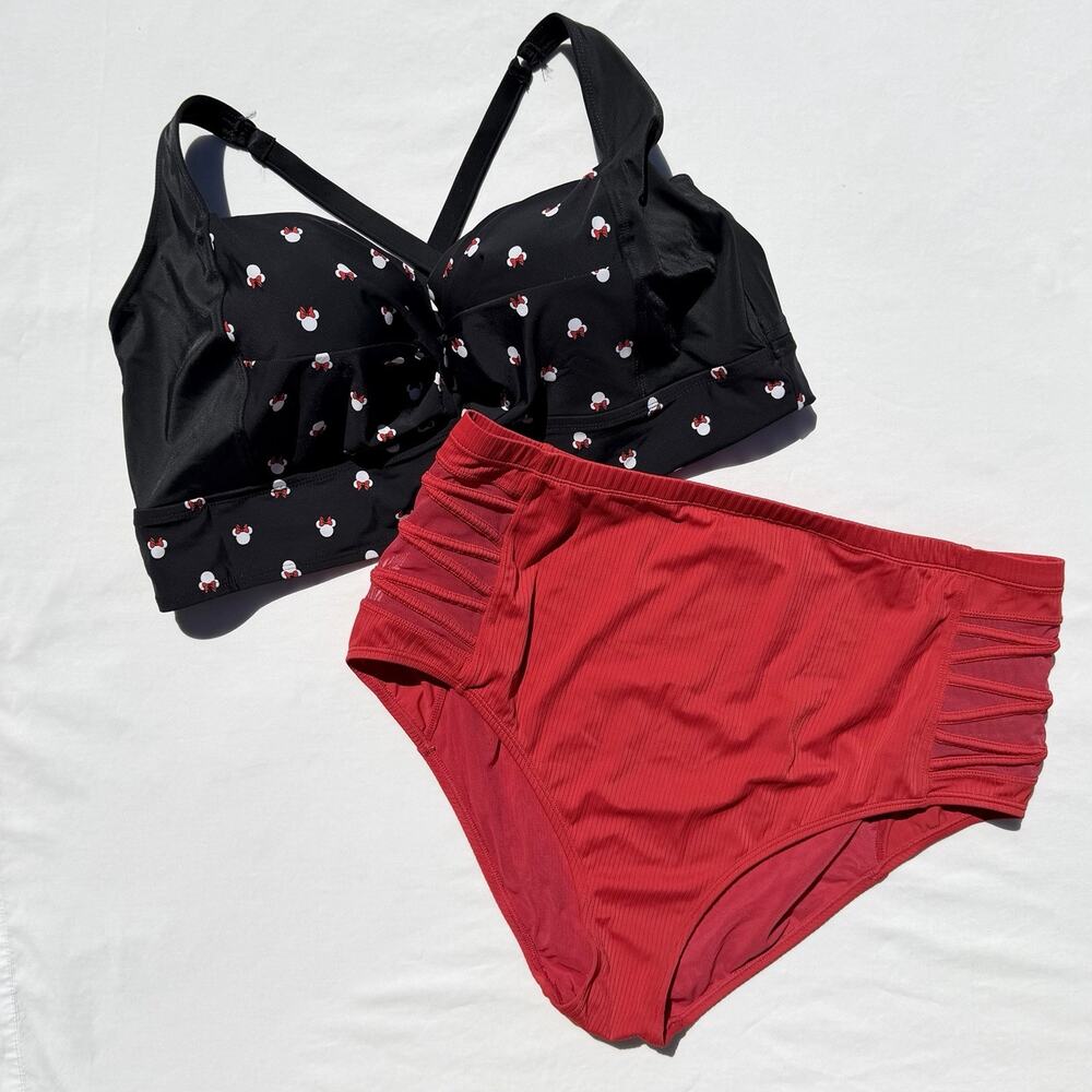 Disney Minnie Mouse Push Up Torrid Bikini Swimsuit Plus Black Red 3X High Rise